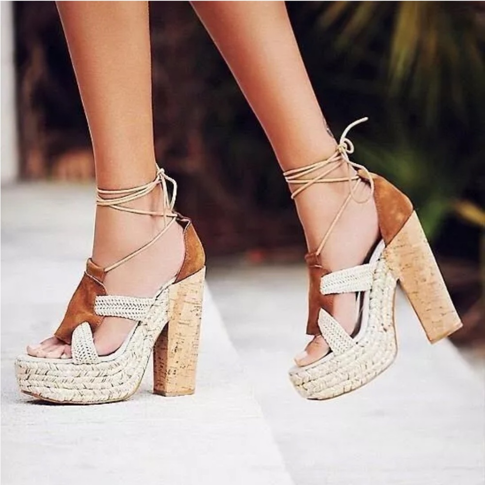 Free People Tan Suede & Natural Woven Platform Sandals
